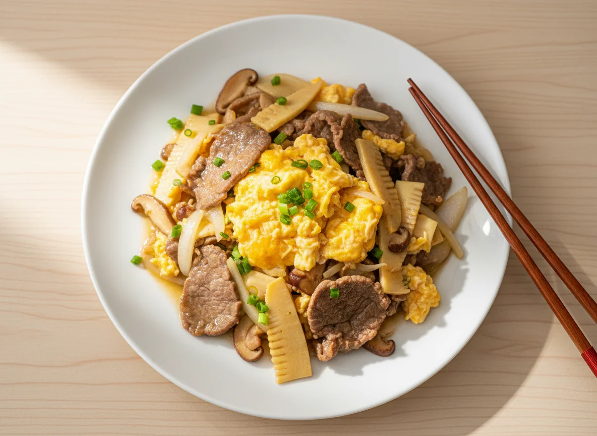Stir-fried Beef with Scrambled Egg and Vegetables photo