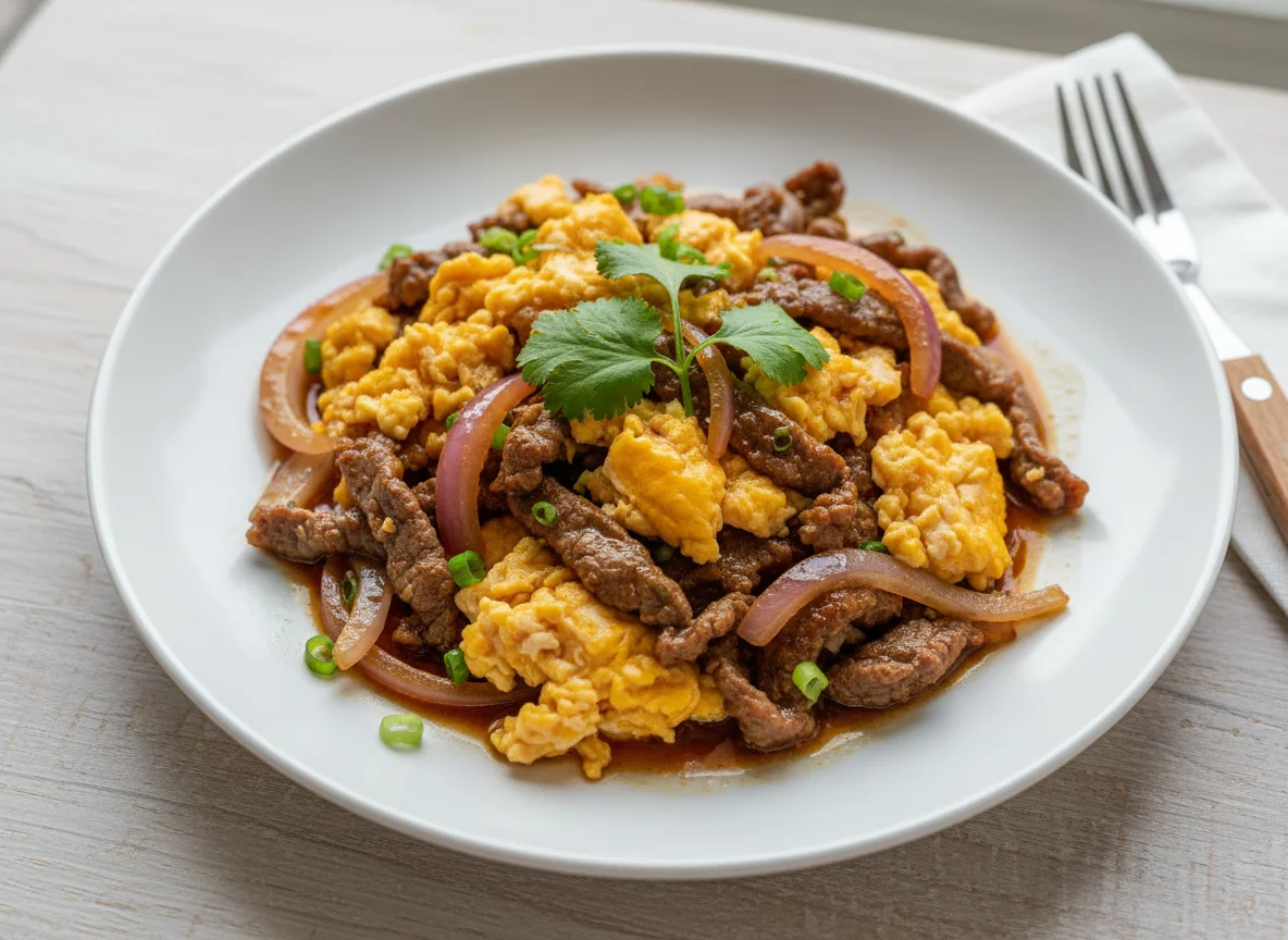 Stir-fried Beef with Scrambled Eggs and Onions photo