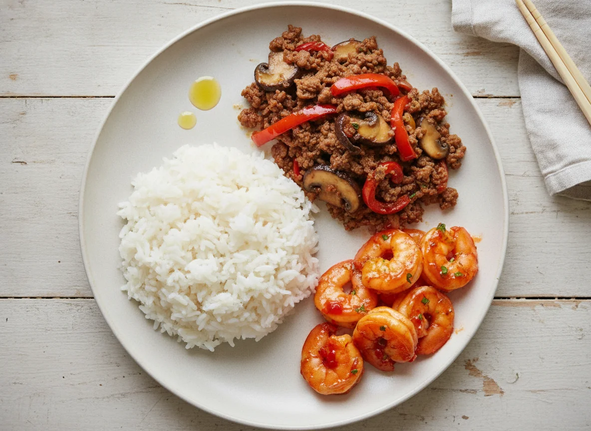Stir-fried beef with shiitake mushrooms, white rice, and chili shrimp photo