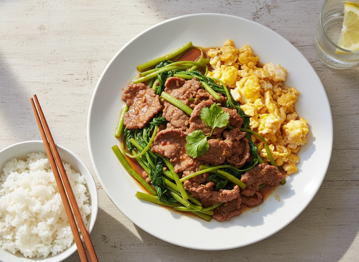 Stir-fried Beef with Vegetables and Scrambled Eggs photo