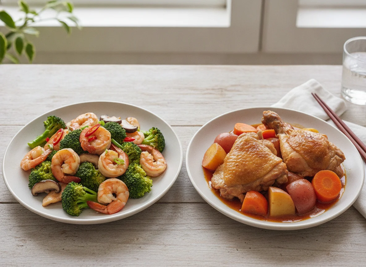 Stir-fried Broccoli with Prawns and Braised Chicken with Potatoes photo