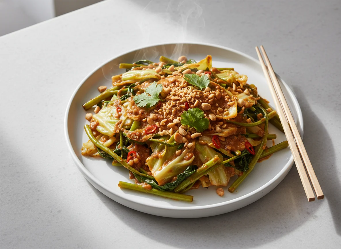 Stir-fried Cabbage and Water Spinach with Satay Sauce photo