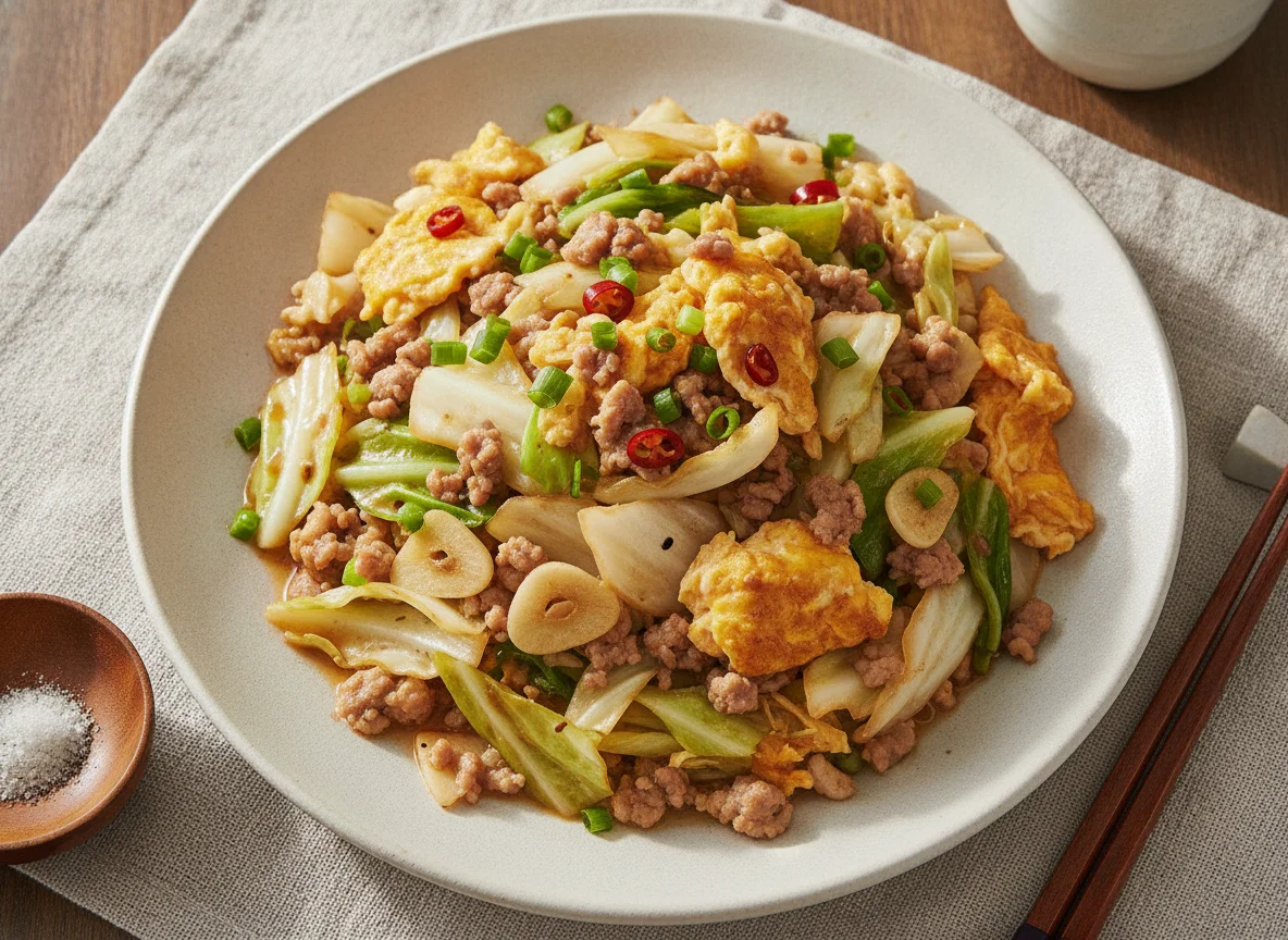 Stir-fried Cabbage with Minced Pork and Egg photo