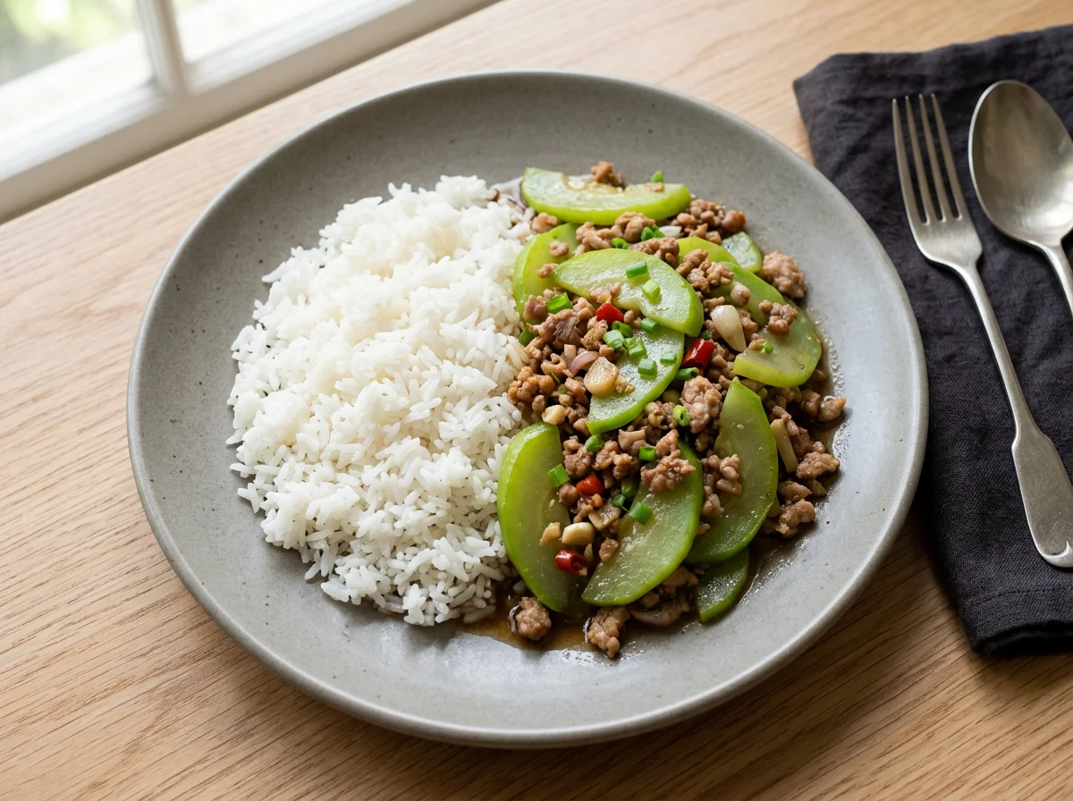 Stir-fried Chayote with Minced Pork and Rice photo