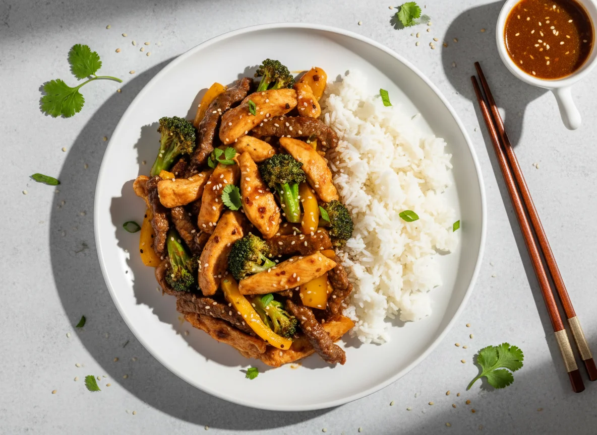Stir-fried Chicken and Beef with Rice and Vegetables photo
