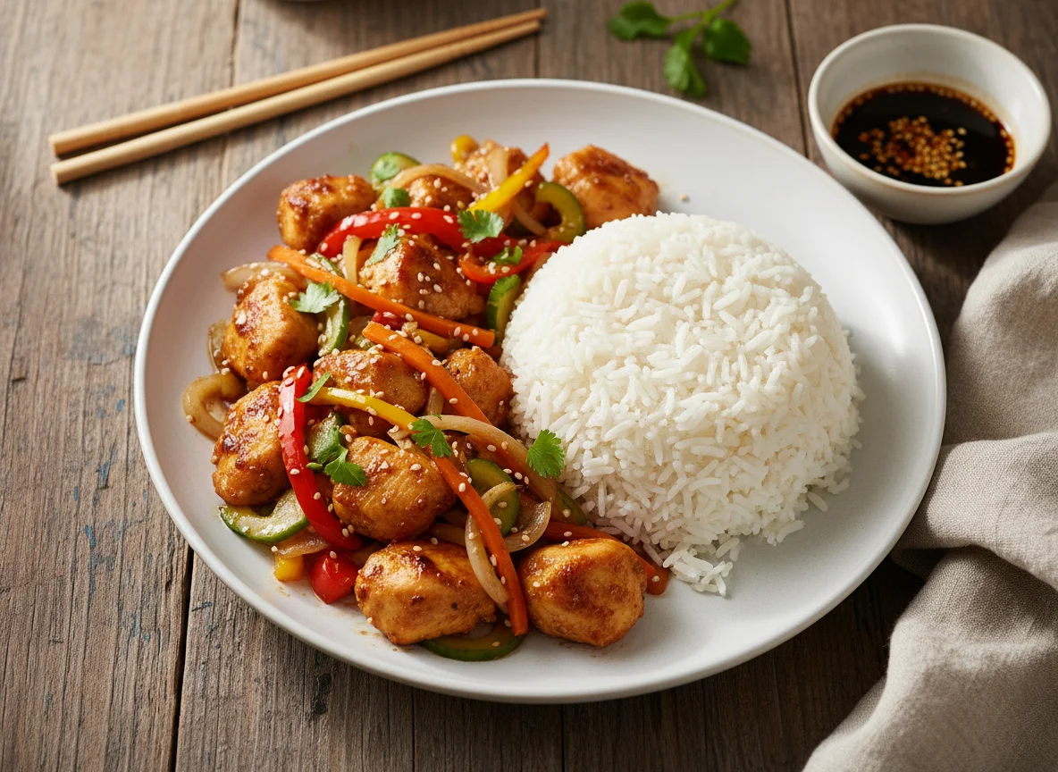 Stir-fried Chicken and Vegetables with Rice photo