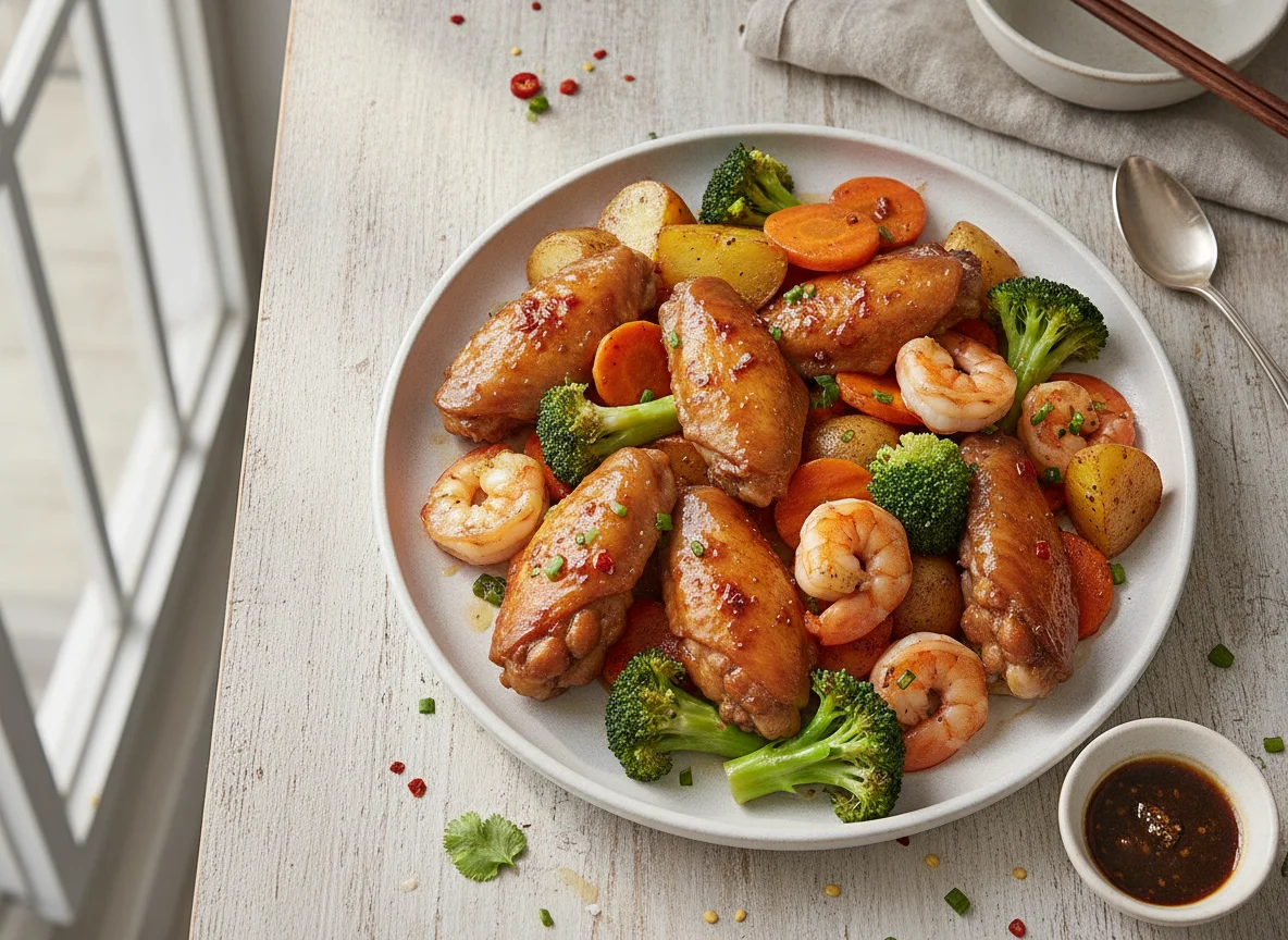 Stir-fried Chicken Wings with Prawns and Broccoli photo
