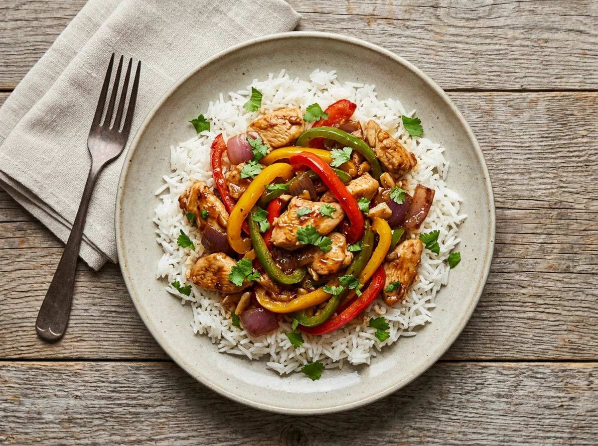 Stir-fried Chicken with Bell Peppers and Rice photo