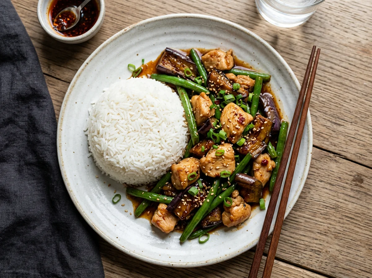 Stir-fried Chicken with Eggplant and Rice photo