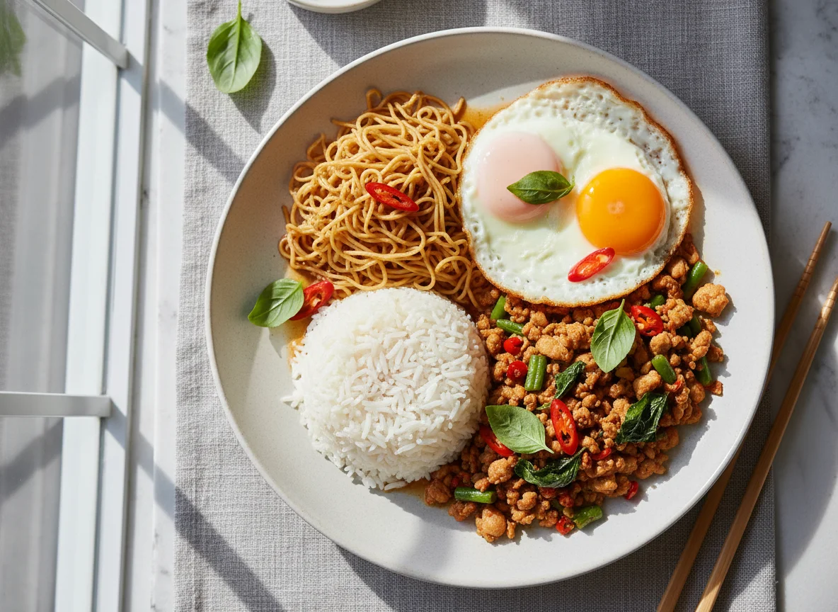 Stir-fried Chicken with Noodles, Rice and Fried Eggs photo