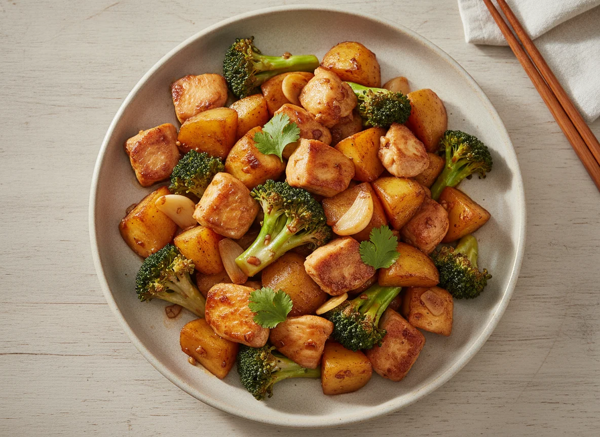 Stir-fried Chicken with Potato and Broccoli photo