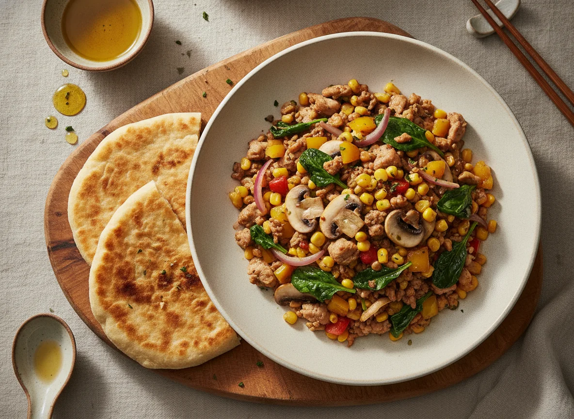 Stir-fried chicken with vegetables and flatbread photo
