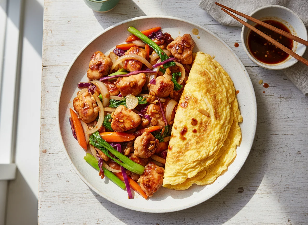 Stir-fried Chicken with Vegetables and Omelette photo