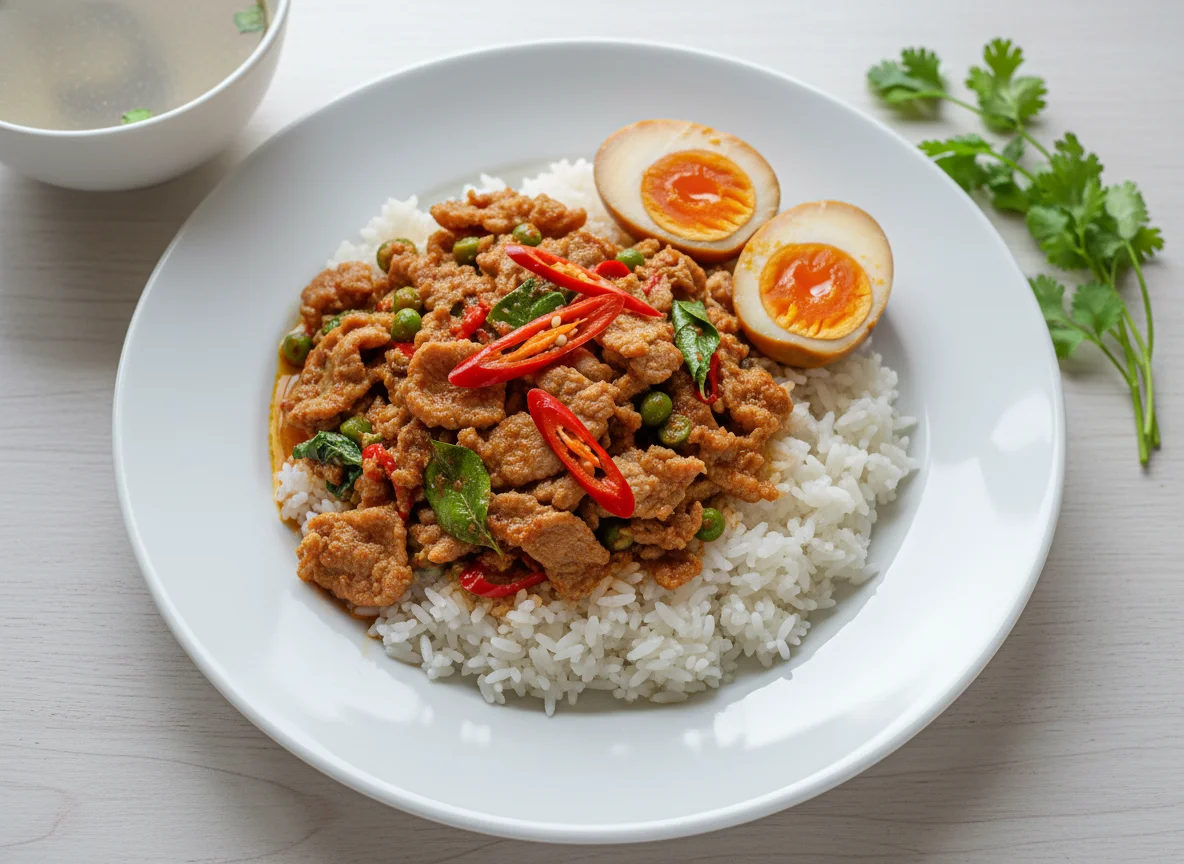 Stir-fried Curry with Pork and Boiled Eggs on Rice photo