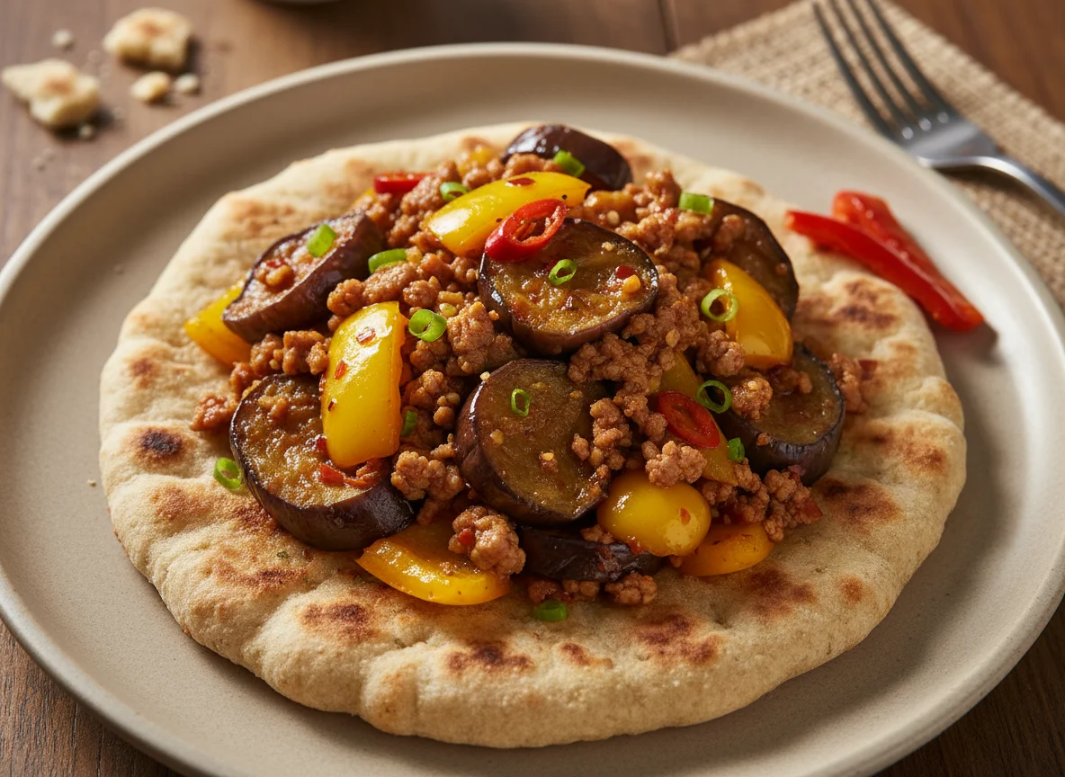 Stir-fried Eggplant and Bell Pepper with Minced Meat on Flatbread photo