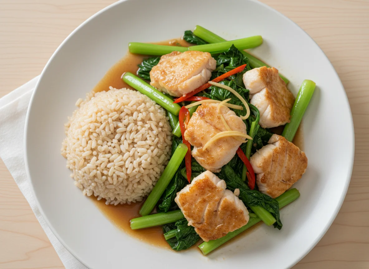 Stir-fried Fish with Vegetables and Brown Rice photo