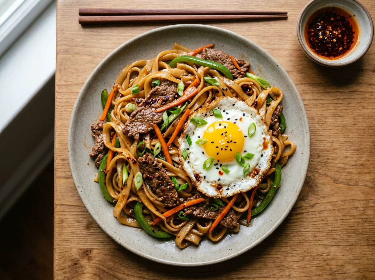 Stir-fried Flat Rice Noodles with Beef and Fried Egg photo