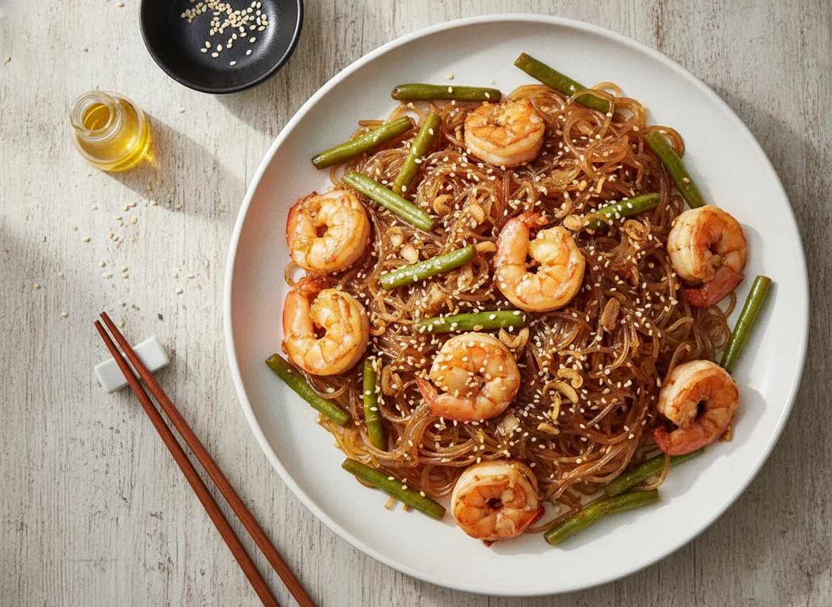 Stir-fried glass noodles with prawns and green beans photo