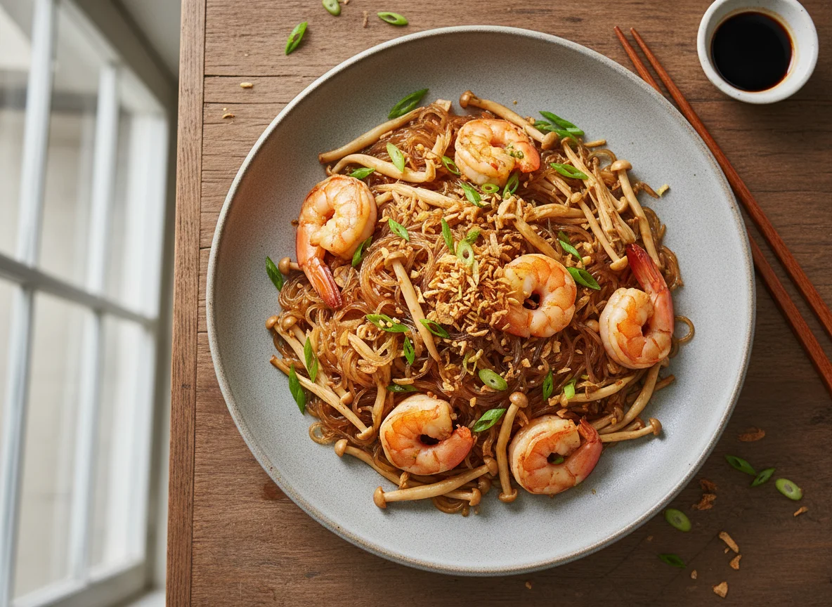 Stir-fried Glass Noodles with Shrimp and Mushrooms photo