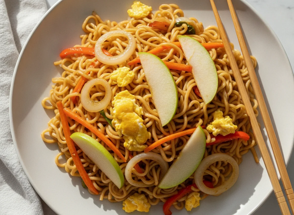 Stir-fried Instant Noodles with Carrots, Eggs, and Apple Slices photo