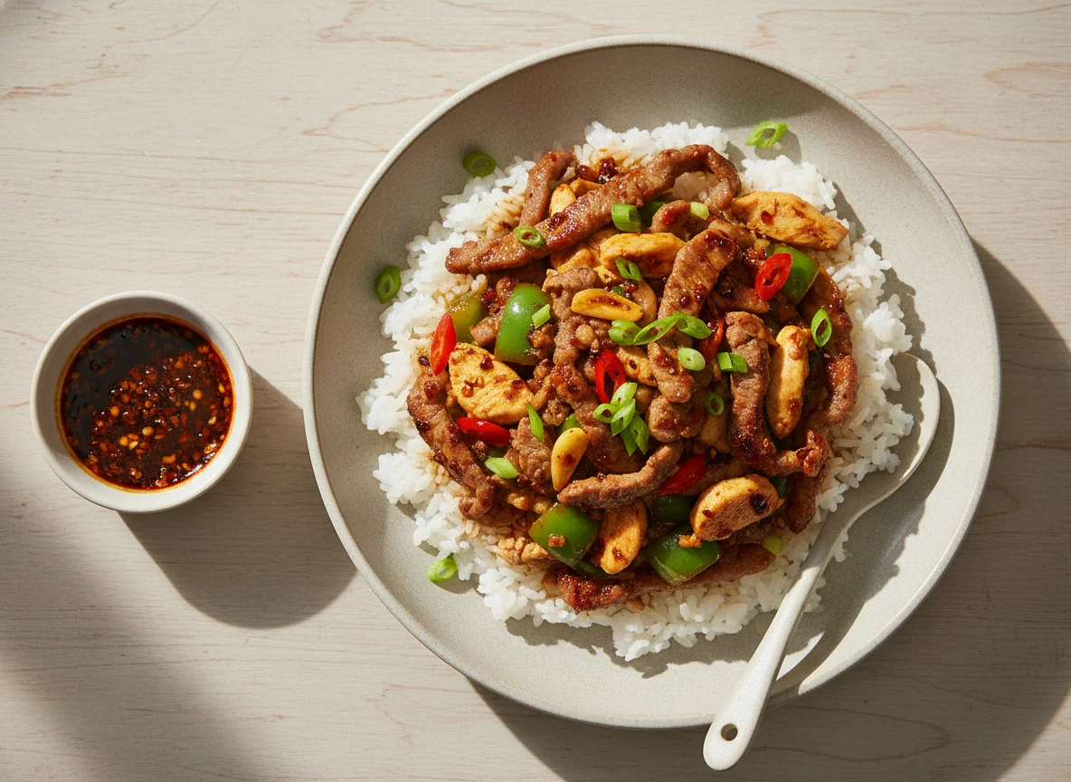 Stir-fried Meat with Peppers and Rice photo