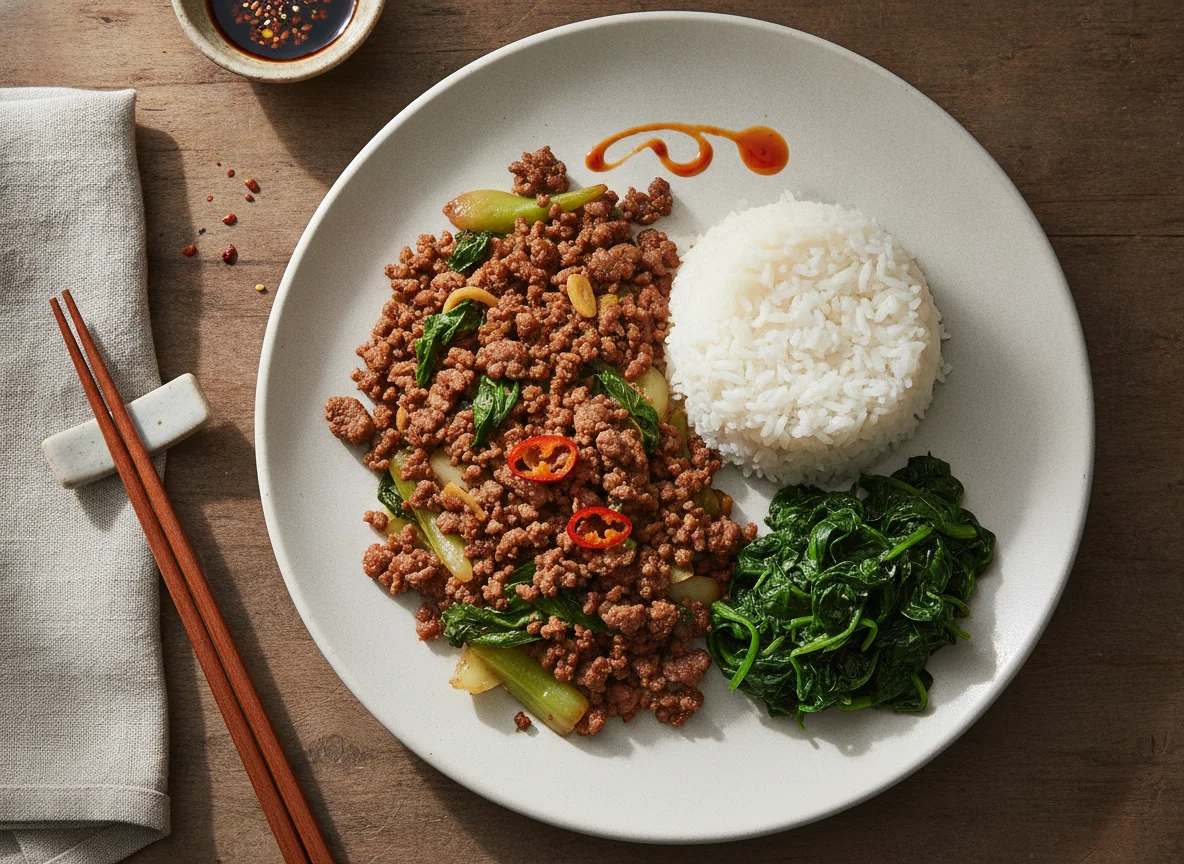 Stir-fried minced beef with bok choy, spinach and white rice photo