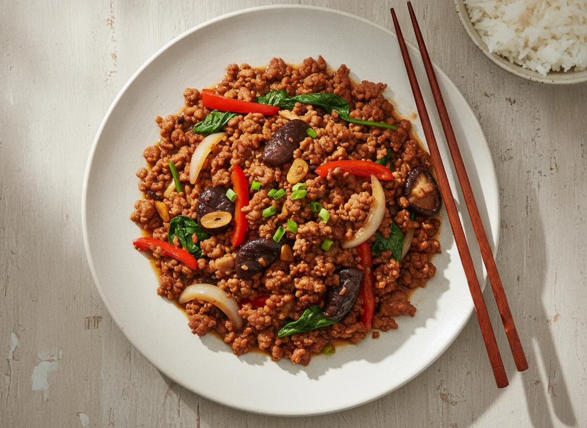 Stir-fried minced pork with mushrooms and peppers photo