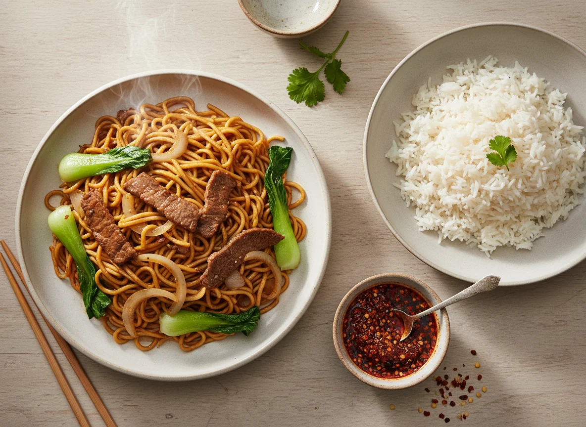 Stir-fried Noodles with Beef and White Rice with Chili Sauce photo