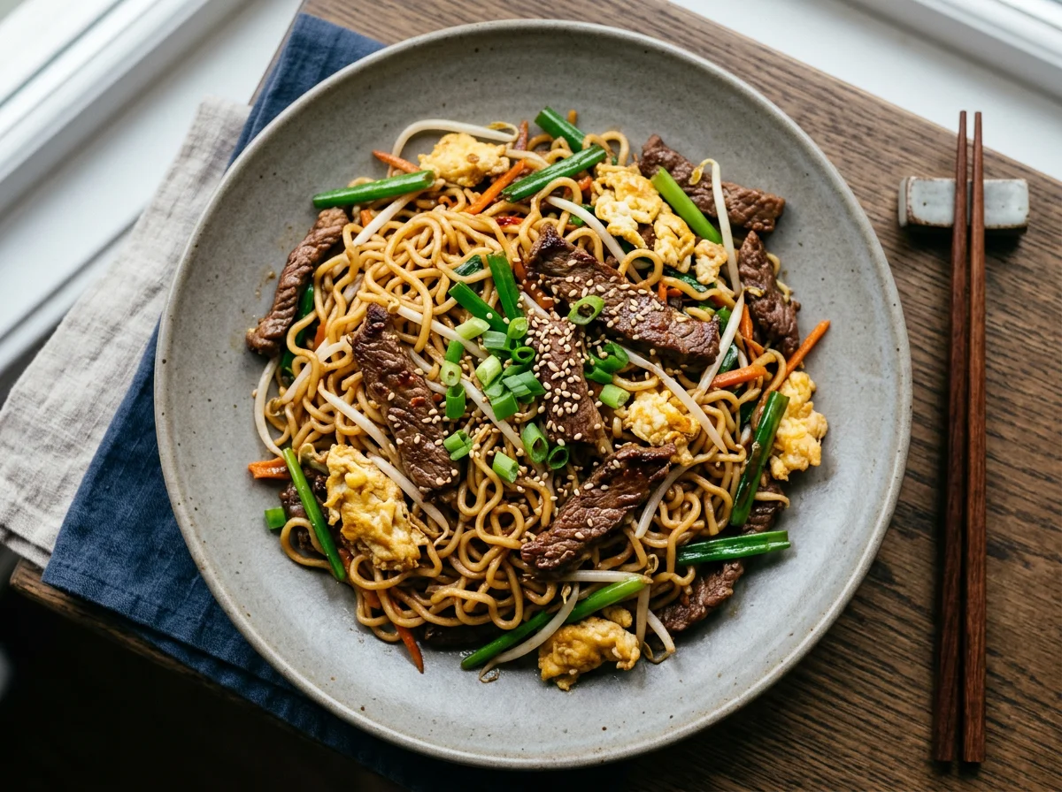 Stir-fried Noodles with Beef, Egg, and Bean Sprouts photo