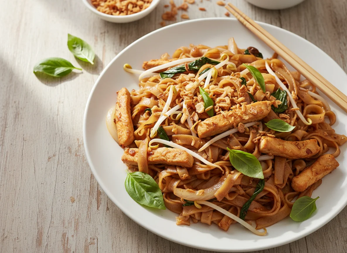 Stir-fried Noodles with Chicken and Basil photo