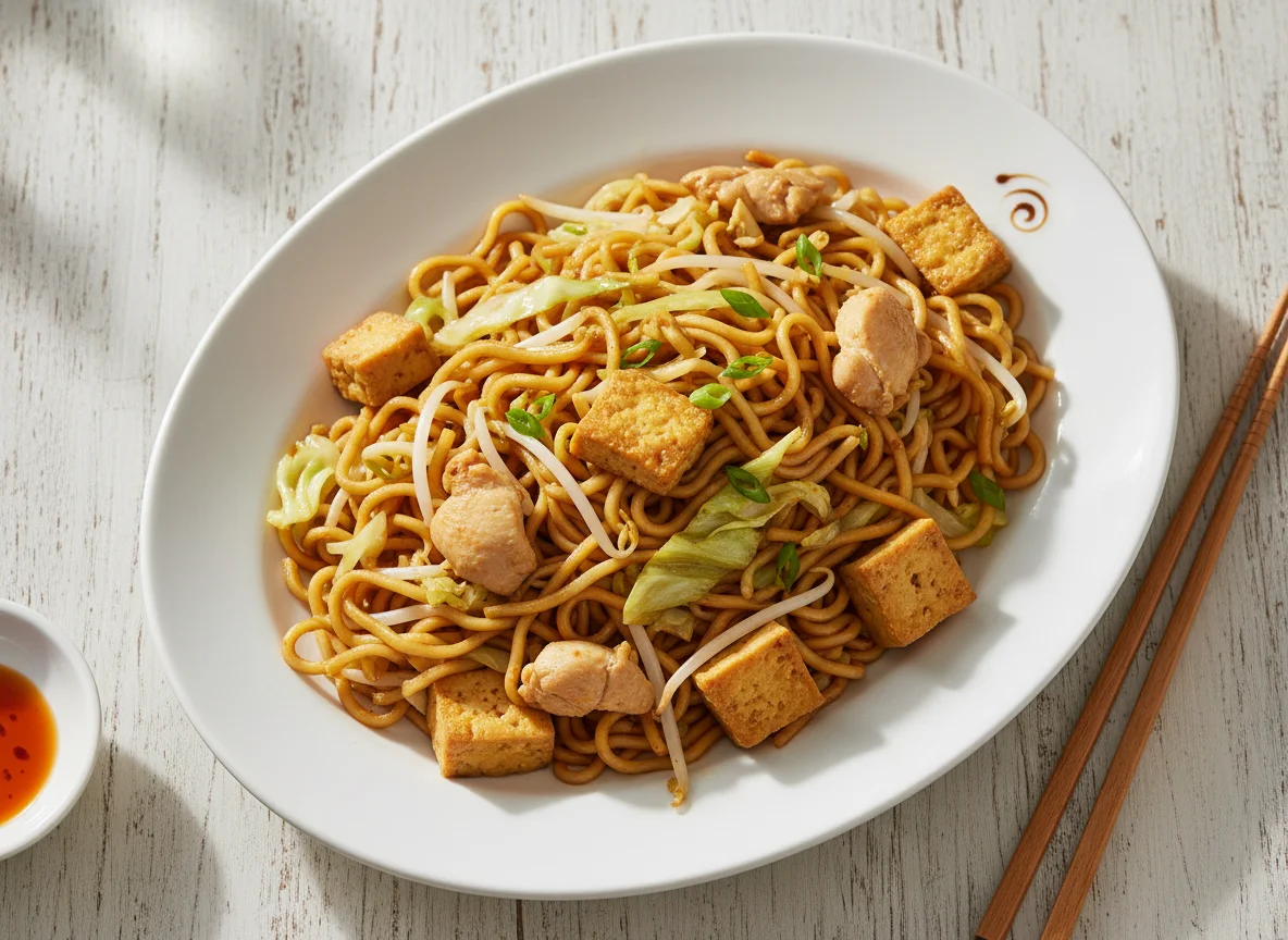 Stir-fried Noodles with Chicken and Tofu photo