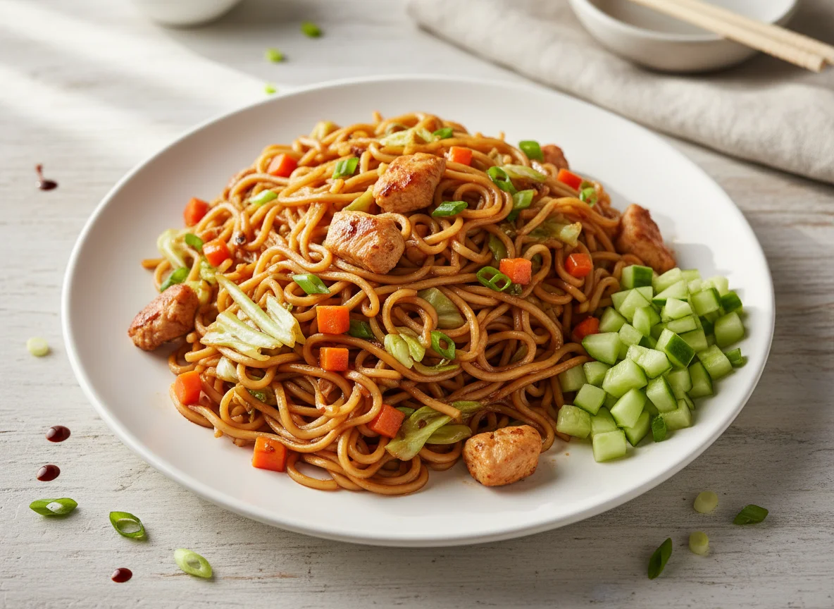 Stir-fried Noodles with Chicken and Vegetables, served with Cucumber photo