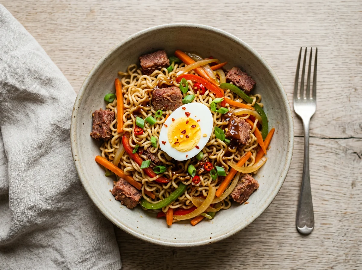 Stir-fried Noodles with Corned Beef and Vegetables photo