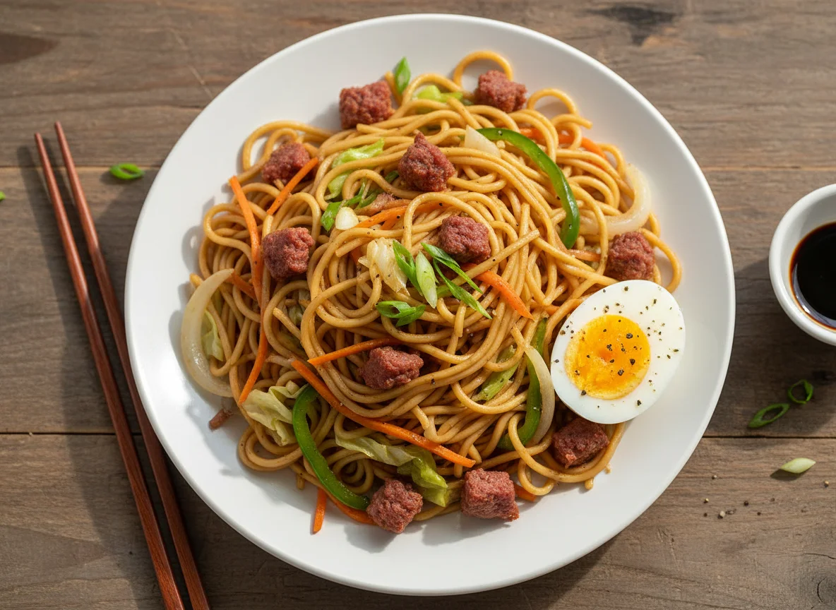 Stir-fried Noodles with Corned Beef and Vegetables, served with Boiled Egg photo