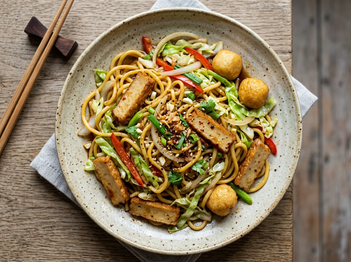 Stir-fried Noodles with Fishcake and Cabbage photo