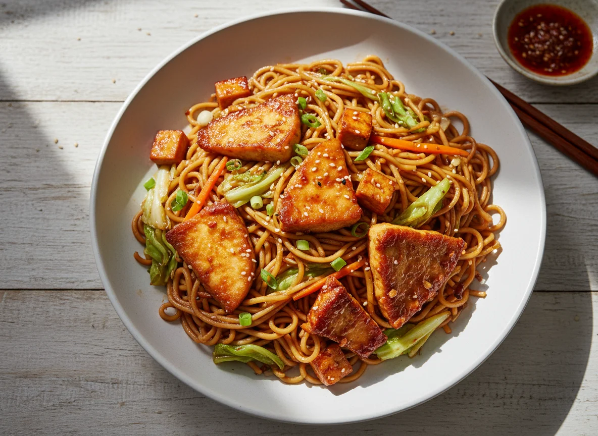 Stir-fried Noodles with Fish/Tofu and Vegetables photo