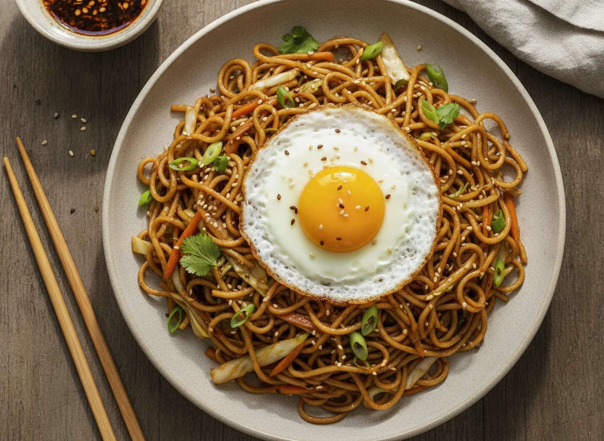 Stir-fried noodles with fried egg photo