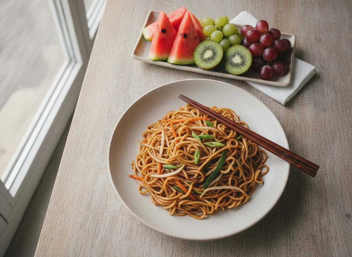 Stir-fried noodles with fruit platter photo