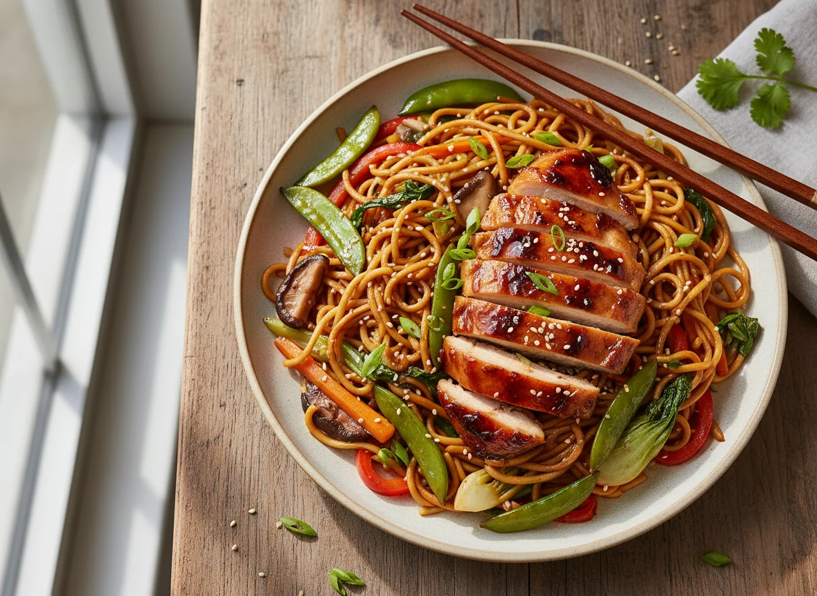 Stir-fried noodles with lacquered chicken photo