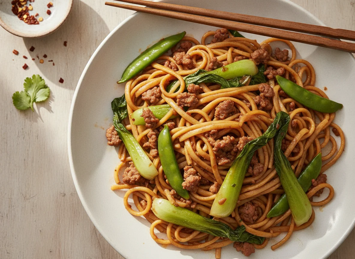 Stir-fried Noodles with Pork and Bok Choy photo