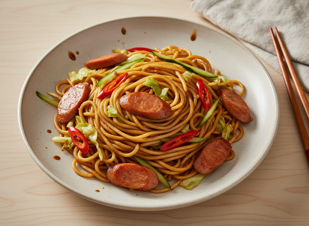Stir-fried noodles with sausage and vegetables photo