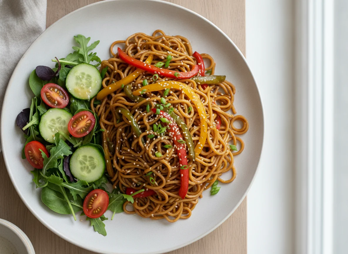 Stir-fried noodles with side salad photo