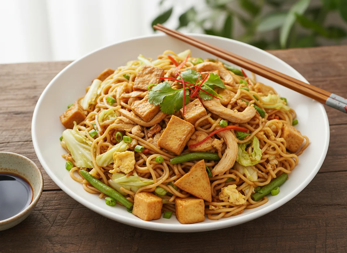 Stir-fried Noodles with Tofu and Vegetables photo
