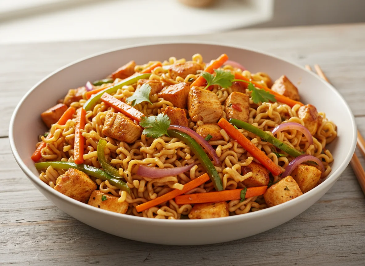 Stir-fried Noodles with Vegetables and Chicken photo