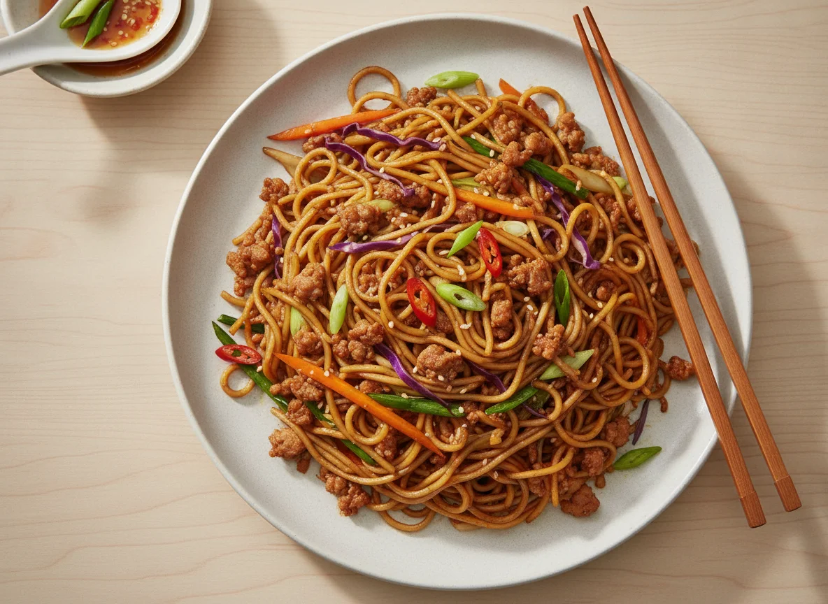 Stir-fried noodles with vegetables and minced meat photo