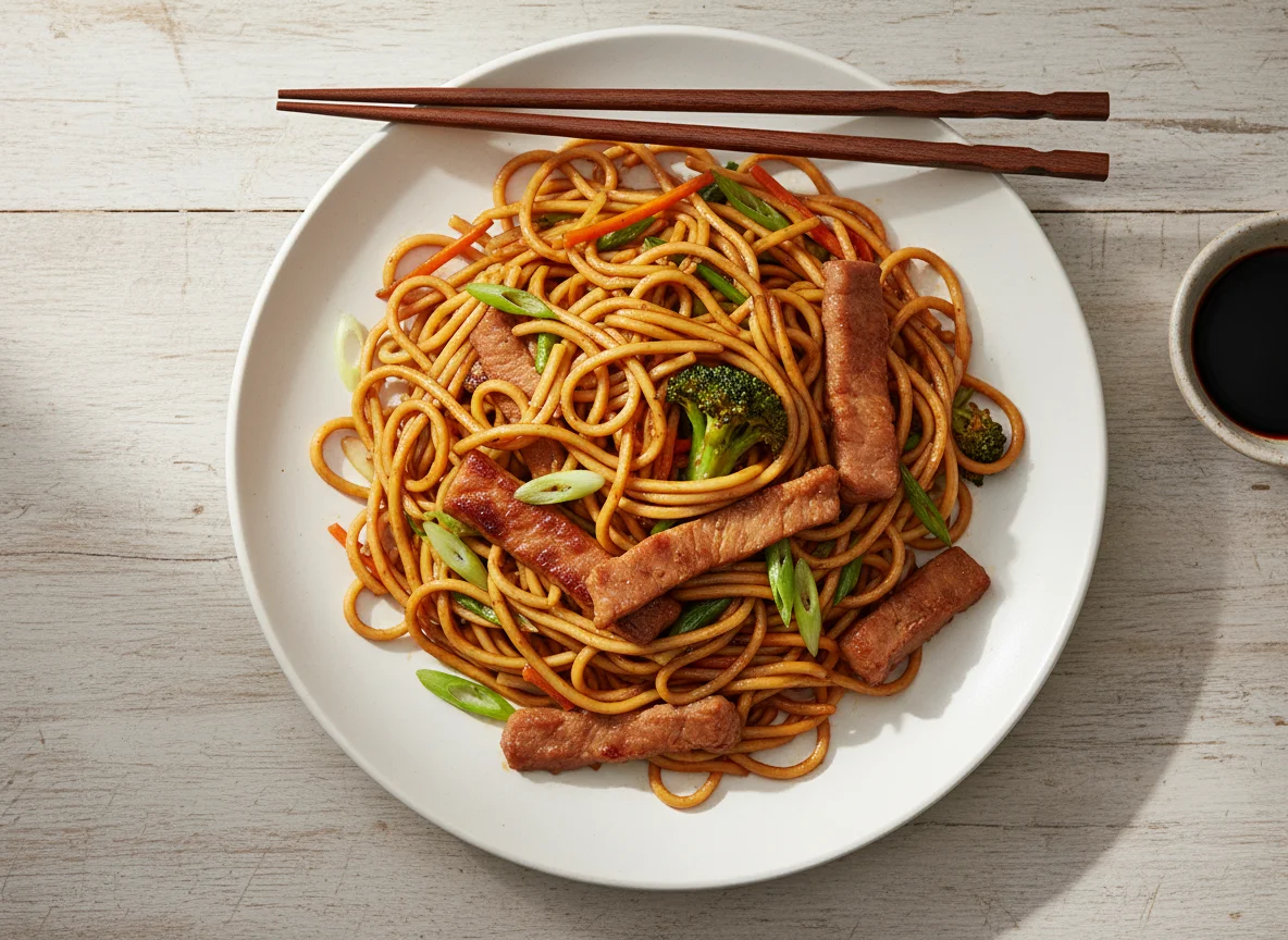 Stir-fried Noodles with Vegetables and Pork photo