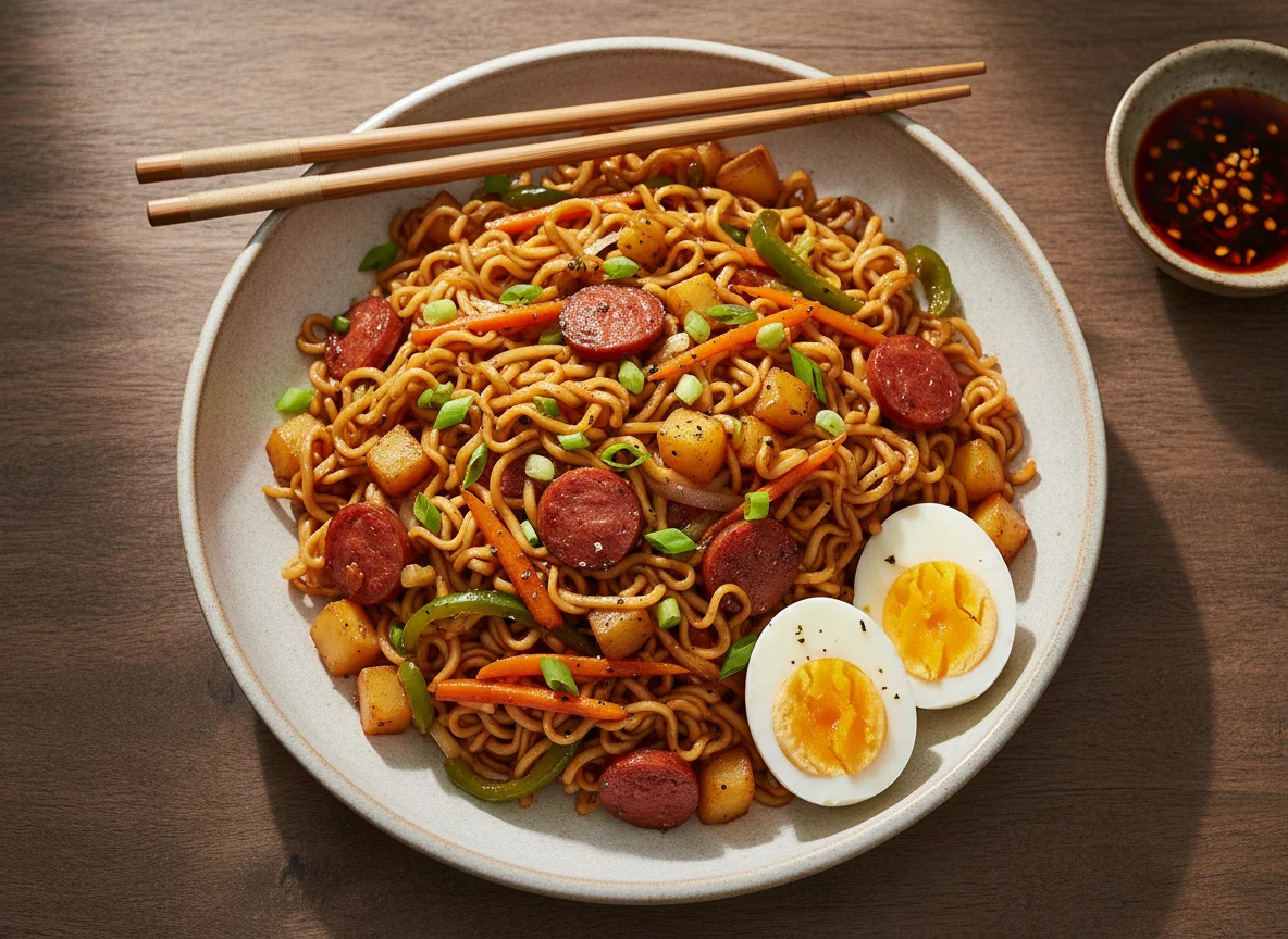 Stir-fried Noodles with Vegetables, Sausage, and Egg photo
