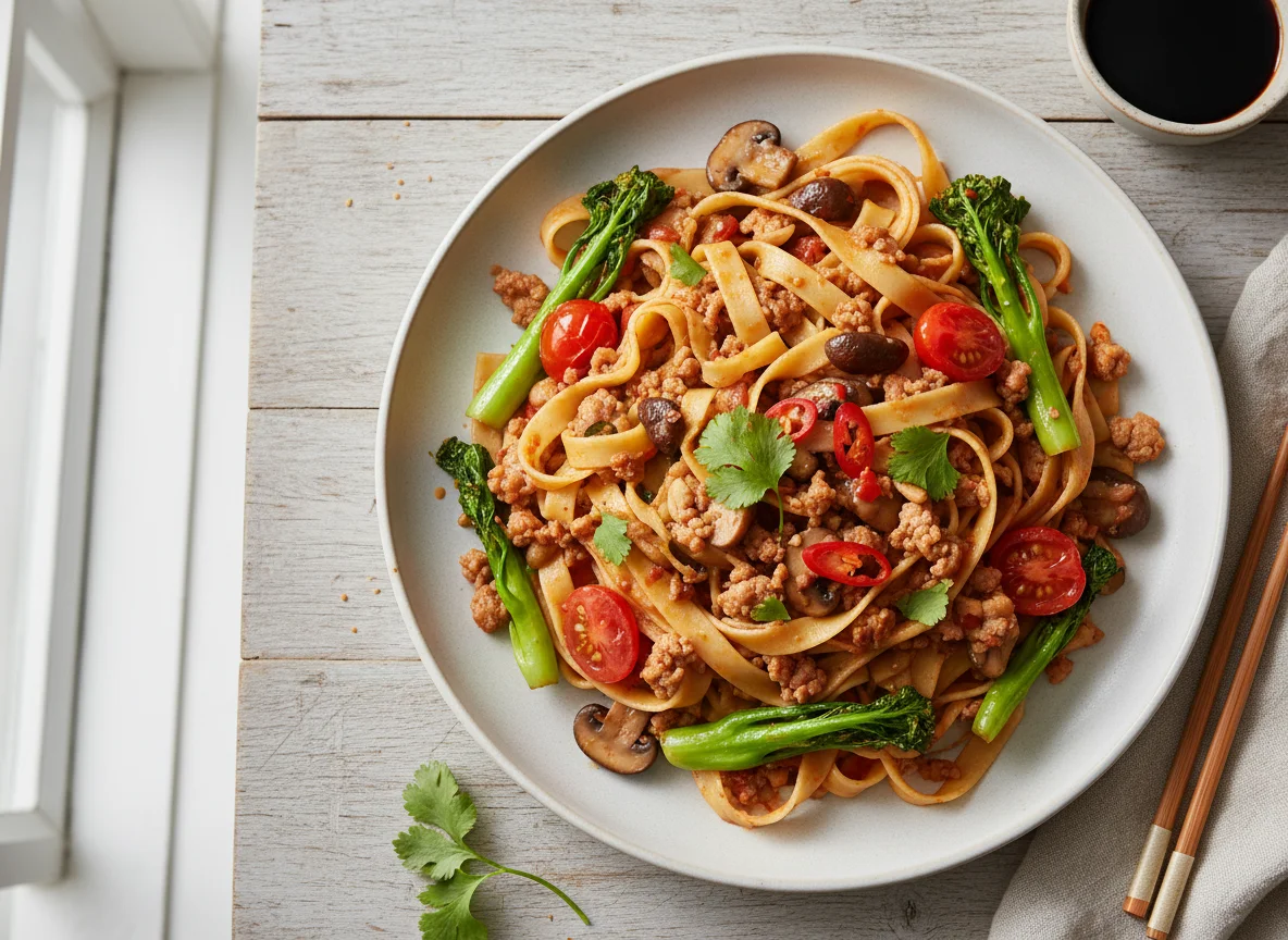 Stir-fried Pasta with Ground Meat and Mushrooms photo