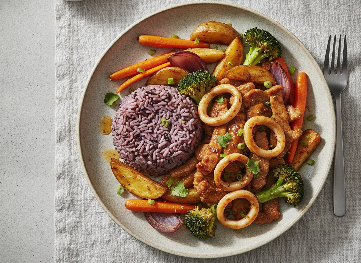 Stir-fried pork and squid with purple rice and roasted vegetables photo
