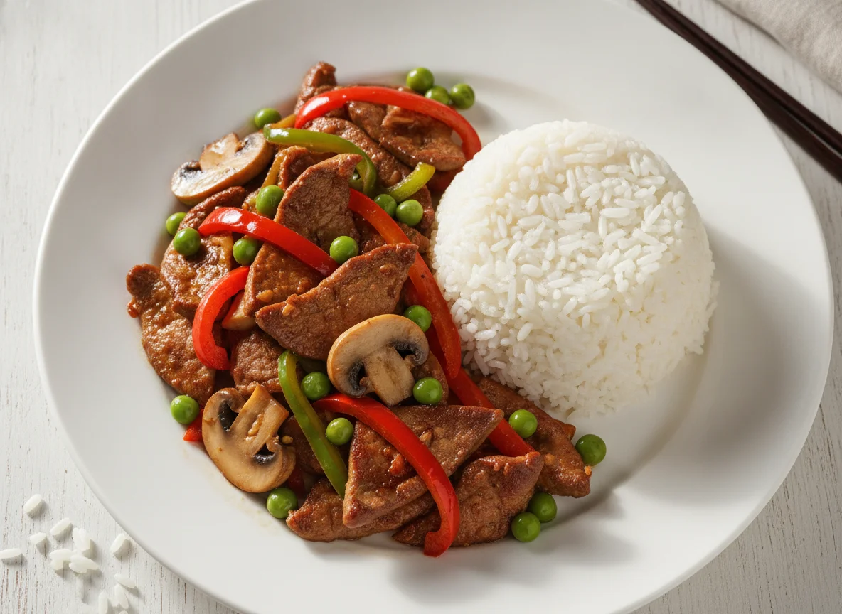 Stir-fried Pork Liver with Vegetables and White Rice photo